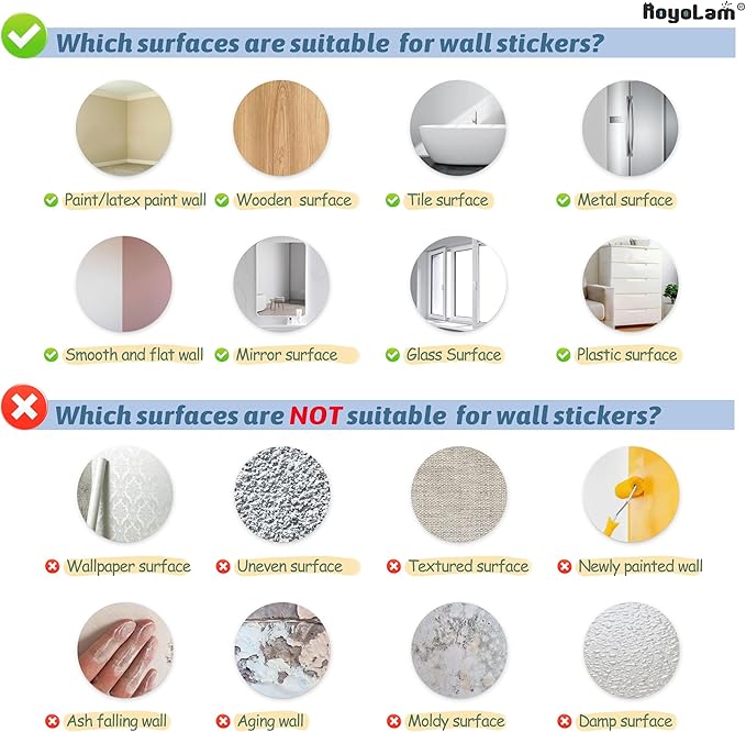Wall sticker surface guide showing suitable and unsuitable surfaces for decals