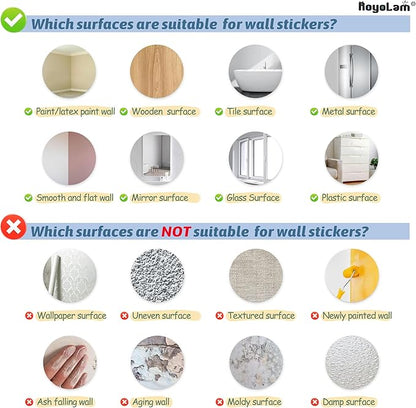 Wall sticker surface guide showing suitable and unsuitable surfaces for decals