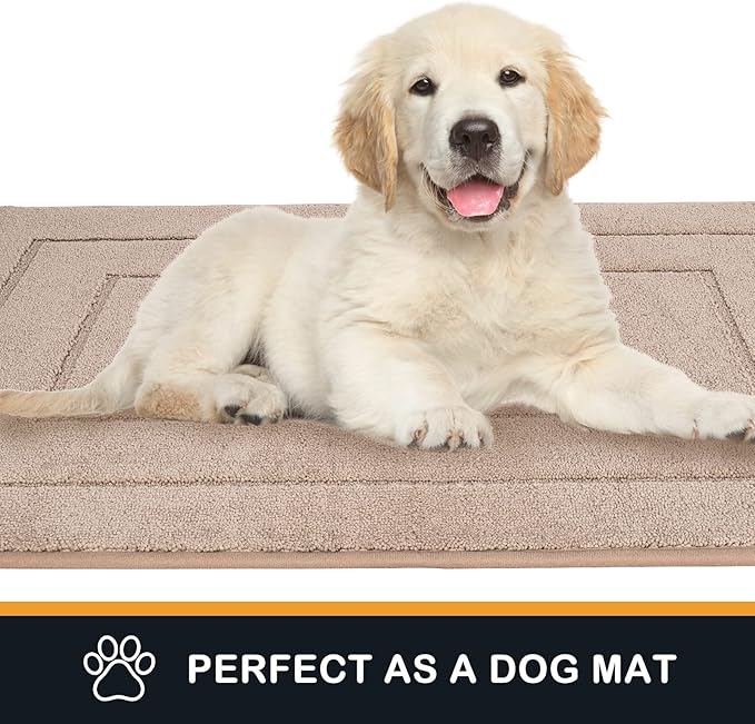 Beige entryway runner rug styled as a pet mat with soft loop pile.