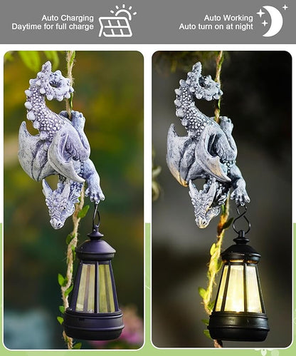 Hanging dragon figurine with black solar lantern, daytime vs nighttime glow