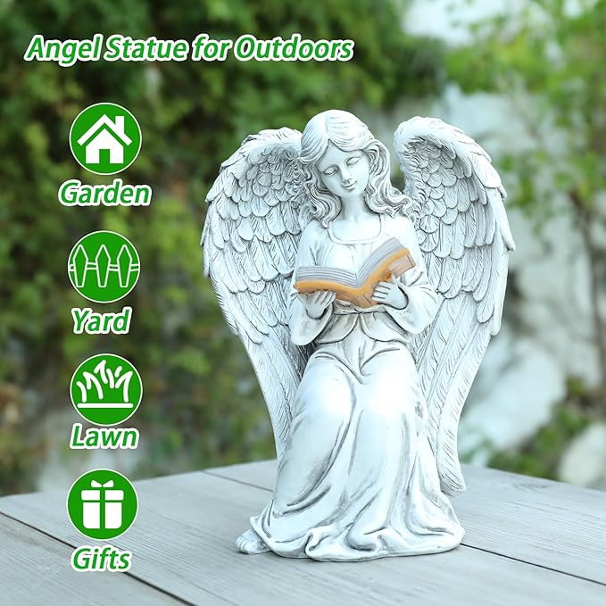 Solar Angel Garden Statue Reading Book with LED Glow - Elegant Resin Outdoor Decor