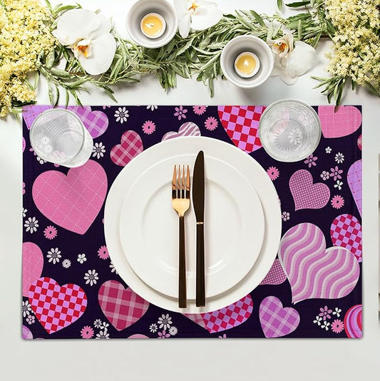 Patterned Love Hearts Valentine's Day Placemats, Set of 4 – 12 x 18-Inch Washable Cotton Linen Table Mats for Anniversary, Wedding Parties & Indoor or Outdoor Kitchen Dining Decor