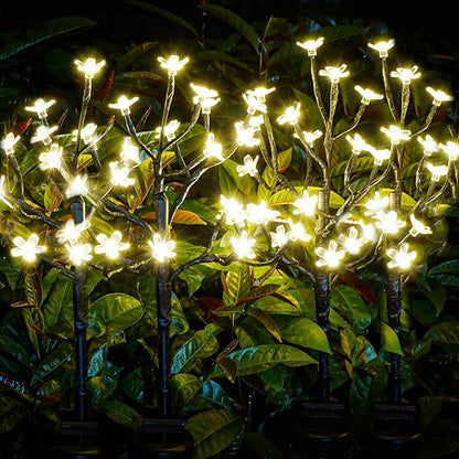 Solar flower LED garden lights set, glowing star blooms on black branch stakes