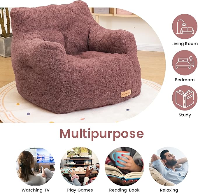 Mauve Teddy Faux Fur Bean Bag Armchair - Soft Memory Foam Reading Chair for Kids Room, Teen Bedroom, Reading Corner, and Toddler Story Time