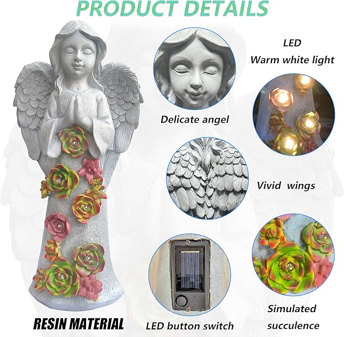 Angel Solar Garden Statue with Succulent Accents and 6 LED Lights