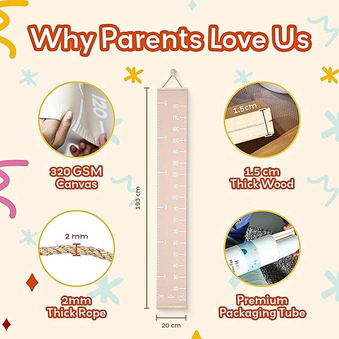 Kids height chart with labeled measurements for fabric thickness, rope size, and wood ends