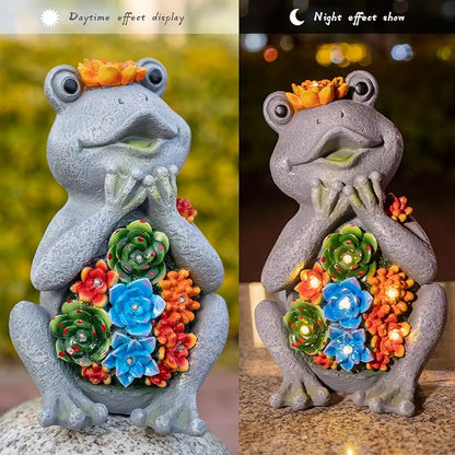 Solar Frog Garden Statue with 8 LED Lights and Succulent Planter Design