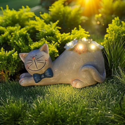 Cat Solar Garden Statue with Succulent and LED Lights - Waterproof Resin Decor