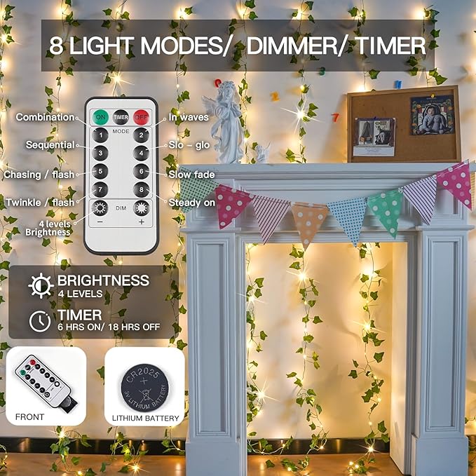 Ivy Vine Curtain Lights – 6.5ft x 6.5ft 200 LED Warm White | Copper Wire | Pre-Attached Leaf Curtain | Remote Timer 8 Modes | Bedroom Dorm Wedding Party Wall
