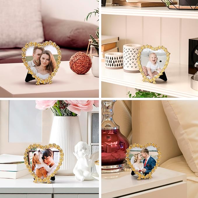 Golden heart-shaped crystal beaded picture frame, collage-style with couple photos