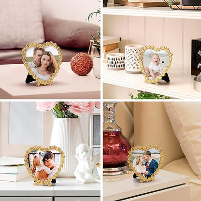 Golden heart-shaped crystal beaded picture frame, collage-style with couple photos