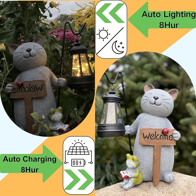 Cat Solar Garden Statue with Lantern and Welcome Sign - IP44 Resin Decor
