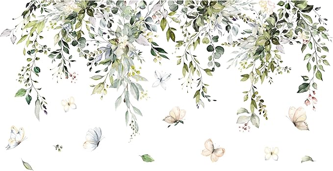 Removable wall decal set with layered green leaves, vines, and butterflies