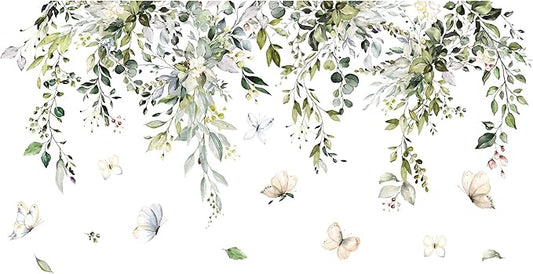 Removable wall decal set with layered green leaves, vines, and butterflies
