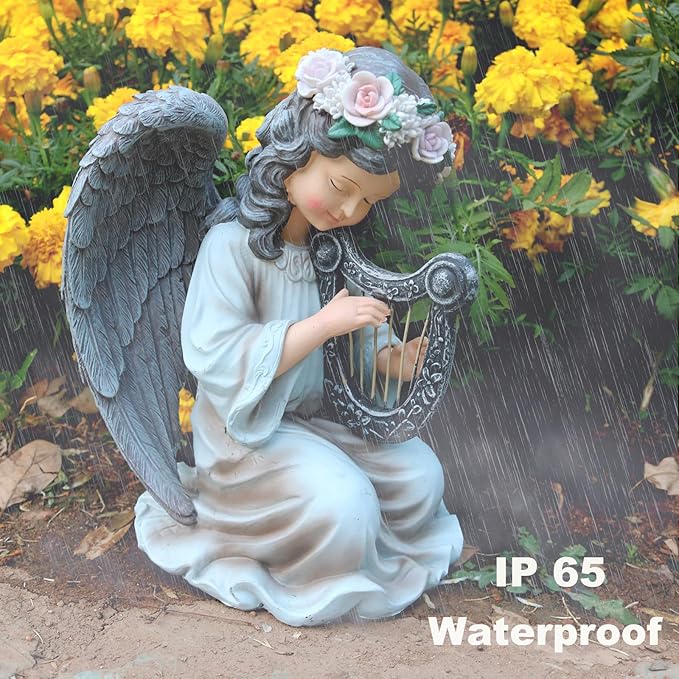 Solar Angel Garden Statue Playing Harp - Colorful Resin Outdoor Decor with IP44-Rated Light for Yard, Patio, Porch, and Balcony