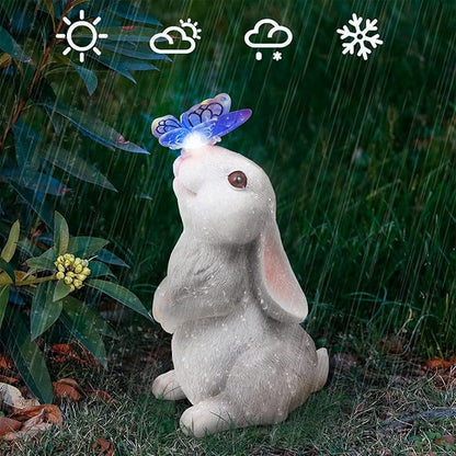Solar Rabbit Garden Statue with Butterfly LED Light - 9.5-Inch Resin Decor
