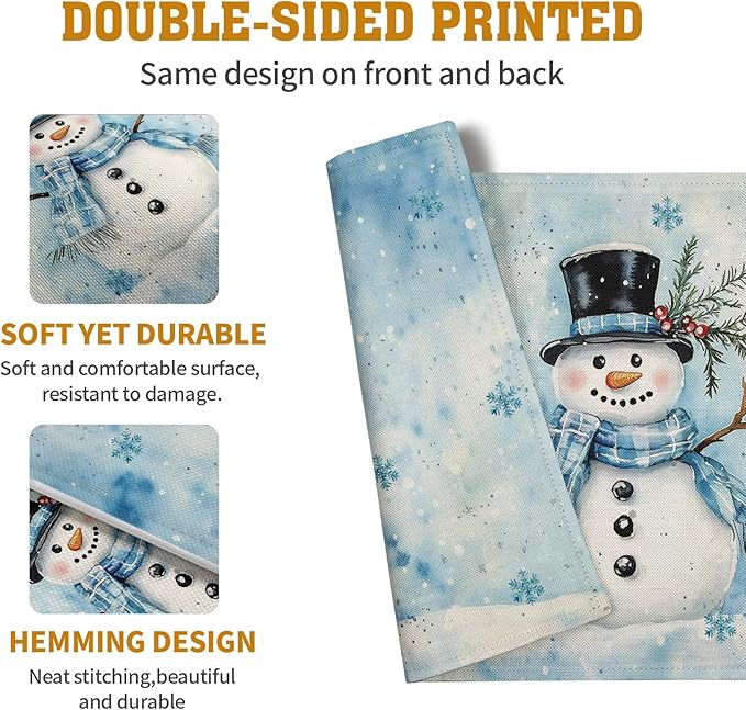 Blue double-sided snowman placemat set of 4 with snowflake print, rectangular.