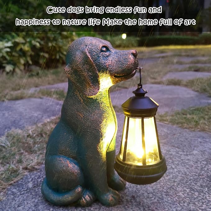 Solar Dog Garden Statue Holding Lantern - Hand-Painted UV-Resistant Resin Outdoor Decor Gift