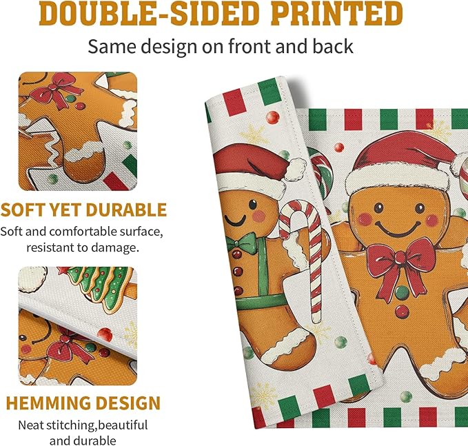 Double-sided printed Christmas gingerbread placemat with striped red-green candy border