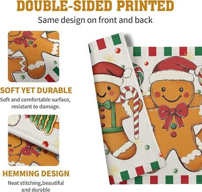 Double-sided printed Christmas gingerbread placemat with striped red-green candy border