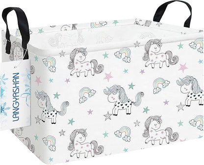 Rectangular canvas storage bin with handles, white unicorn print, collapsible design