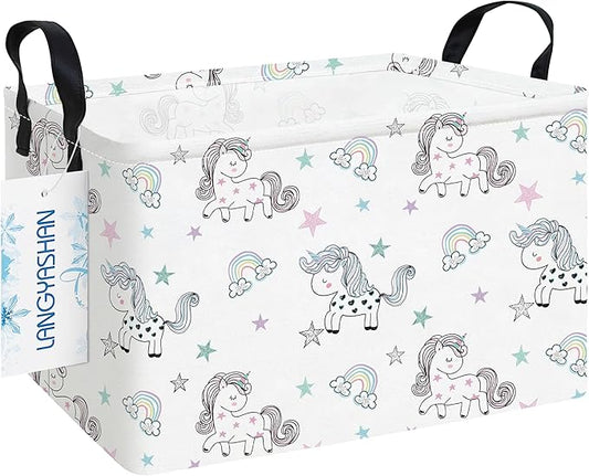 Rectangular canvas storage bin with handles, white unicorn print, collapsible design