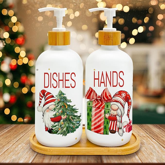 Set of 2 holiday soap dispensers with pumps, white bottles labeled DISHES and HANDS