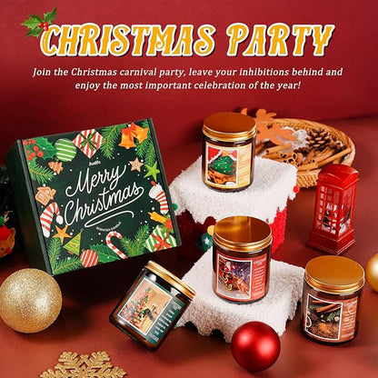 4-pack scented soy candles with gold lids on a snowy white display, festive labels