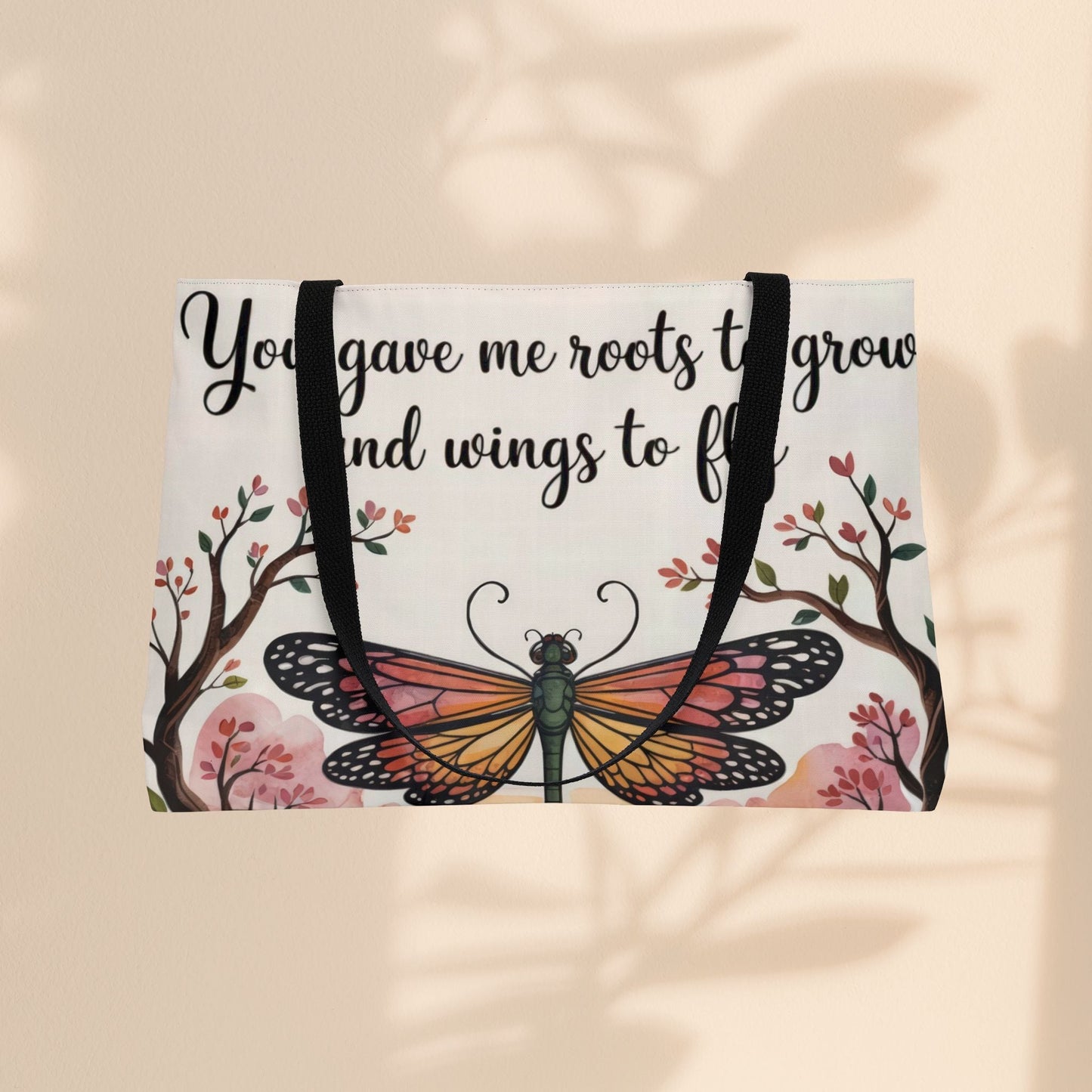 You Gave Me Roots to Grow and Wings to Fly Weekender Tote Bag – Monarch Butterfly & Cherry Blossom Design | 24” × 13” | All-Over Print | Gift for Mom