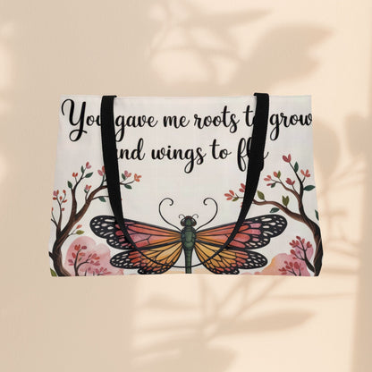 You Gave Me Roots to Grow and Wings to Fly Weekender Tote Bag – Monarch Butterfly & Cherry Blossom Design | 24” × 13” | All-Over Print | Gift for Mom
