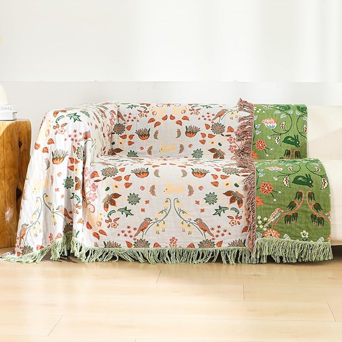 Light Green Squirrel Print Boho Cotton King Blanket – 90"x98" | 4-Layer Breathable 100% Cotton | OEKO-TEX GOTS GRS Certified Farmhouse Throw