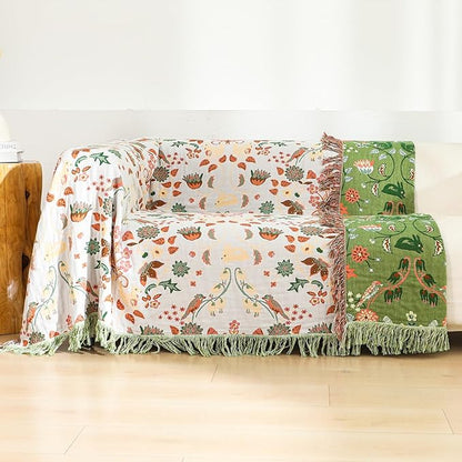 Light Green Squirrel Print Boho Cotton King Blanket – 90"x98" | 4-Layer Breathable 100% Cotton | OEKO-TEX GOTS GRS Certified Farmhouse Throw