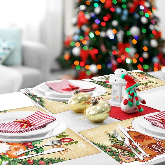 Christmas placemats spread on table, featuring rustic house and evergreen tree illustrations