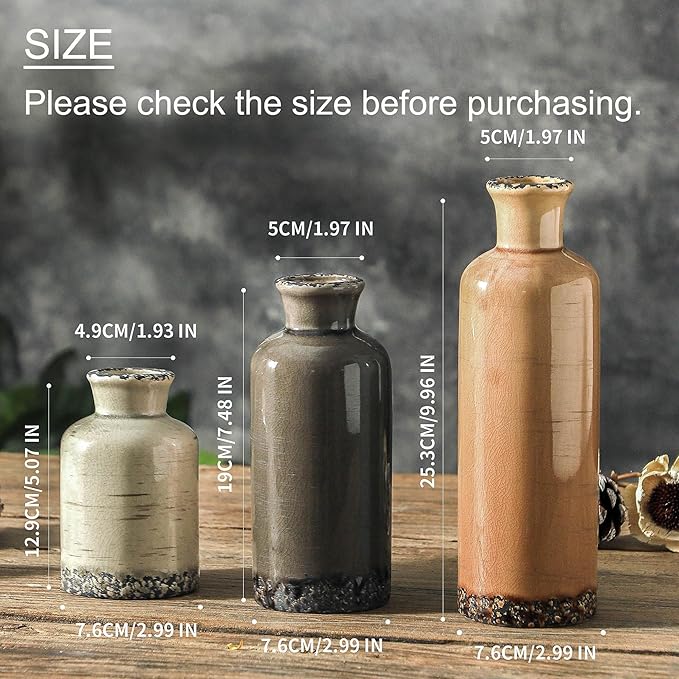 Three ceramic vases in terracotta, cream, and dark gray, shown with size labels