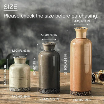 Three ceramic vases in terracotta, cream, and dark gray, shown with size labels