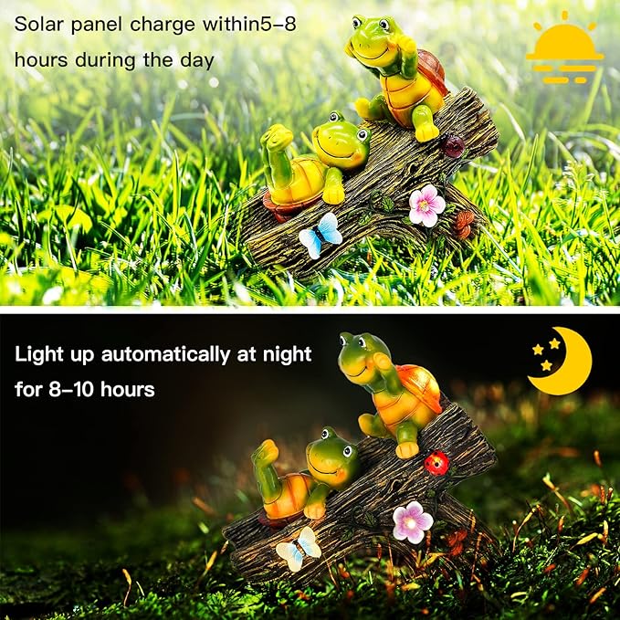 Solar Turtle Garden Statue with Two Turtles on a Slide and 4 LED Lights - Resin Outdoor Decor