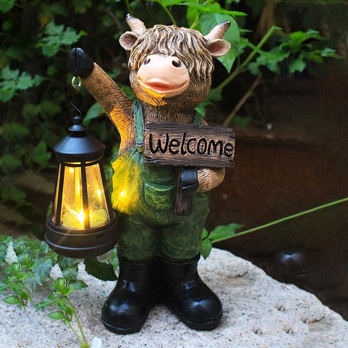 Solar Cow Garden Statue with Lantern and Welcome Sign - Farmhouse Resin Outdoor Decor