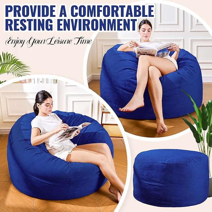 4ft Royal Blue Velvet Bean Bag Chair - Bold Sponge Fill Lounger for Boys Rooms, Gaming, and Family Comfort