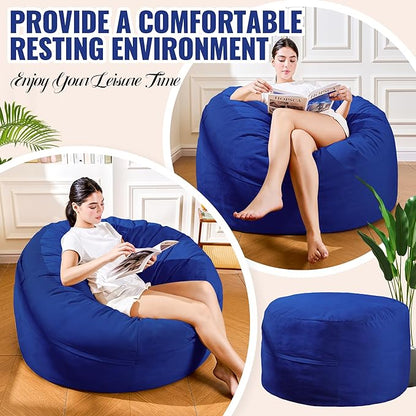 4ft Royal Blue Velvet Bean Bag Chair - Bold Sponge Fill Lounger for Boys Rooms, Gaming, and Family Comfort