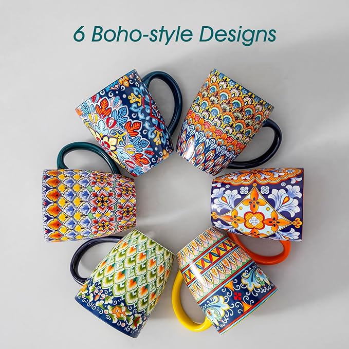 Six boho-style ceramic coffee mugs with handles, colorful diamond and floral patterns