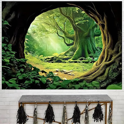 Misty Forest Tree Cave Tapestry – 79"x59" | HD Print Jungle Sunshine Through Trees | Ethereal Nature Wall Hanging for Bedroom Living Room & Office