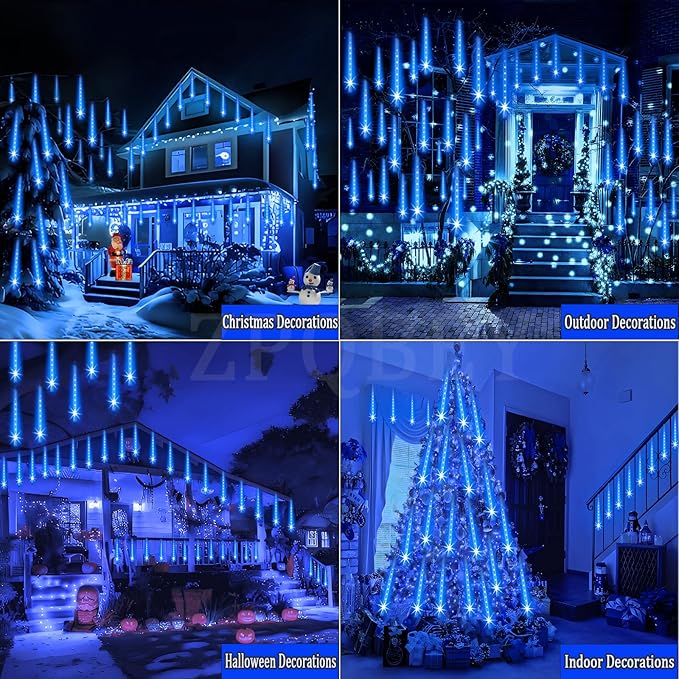Blue LED meteor shower lights decorating house exterior and entry stairs
