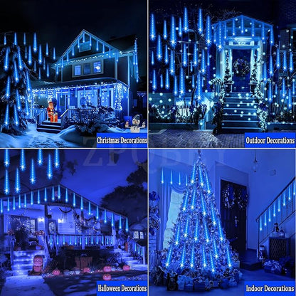 Blue LED meteor shower lights decorating house exterior and entry stairs