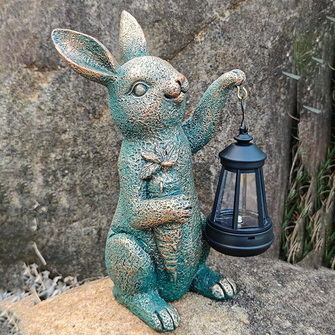 Solar Rabbit Garden Statue Holding Lantern and Carrot - Resin Outdoor Decor