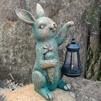 Solar Rabbit Garden Statue Holding Lantern and Carrot - Resin Outdoor Decor