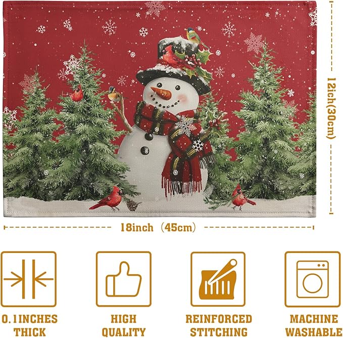 Red snowman Christmas placemat with pine trees and cardinals, 18 in wide