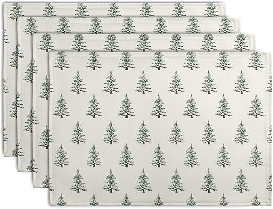 Set of four Christmas tree placemats, white with green pine tree print, cotton-linen blend