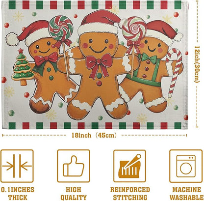 Christmas gingerbread placemat featuring three gingerbread characters with red-green candy details