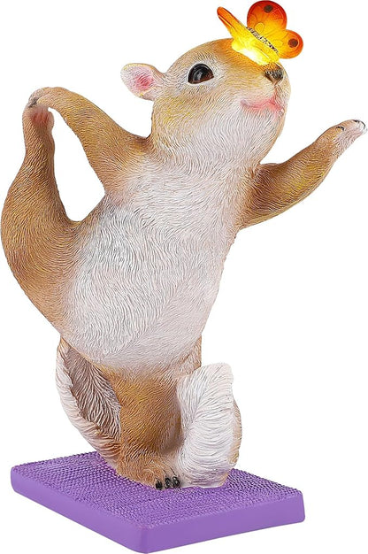Solar Yoga Squirrel Garden Statue with Lighted Butterfly - IP44 Resin Outdoor Decor