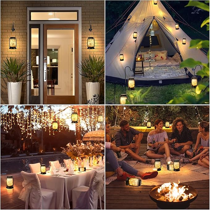 Outdoor solar mason jar lanterns glowing on posts and string lights for an event